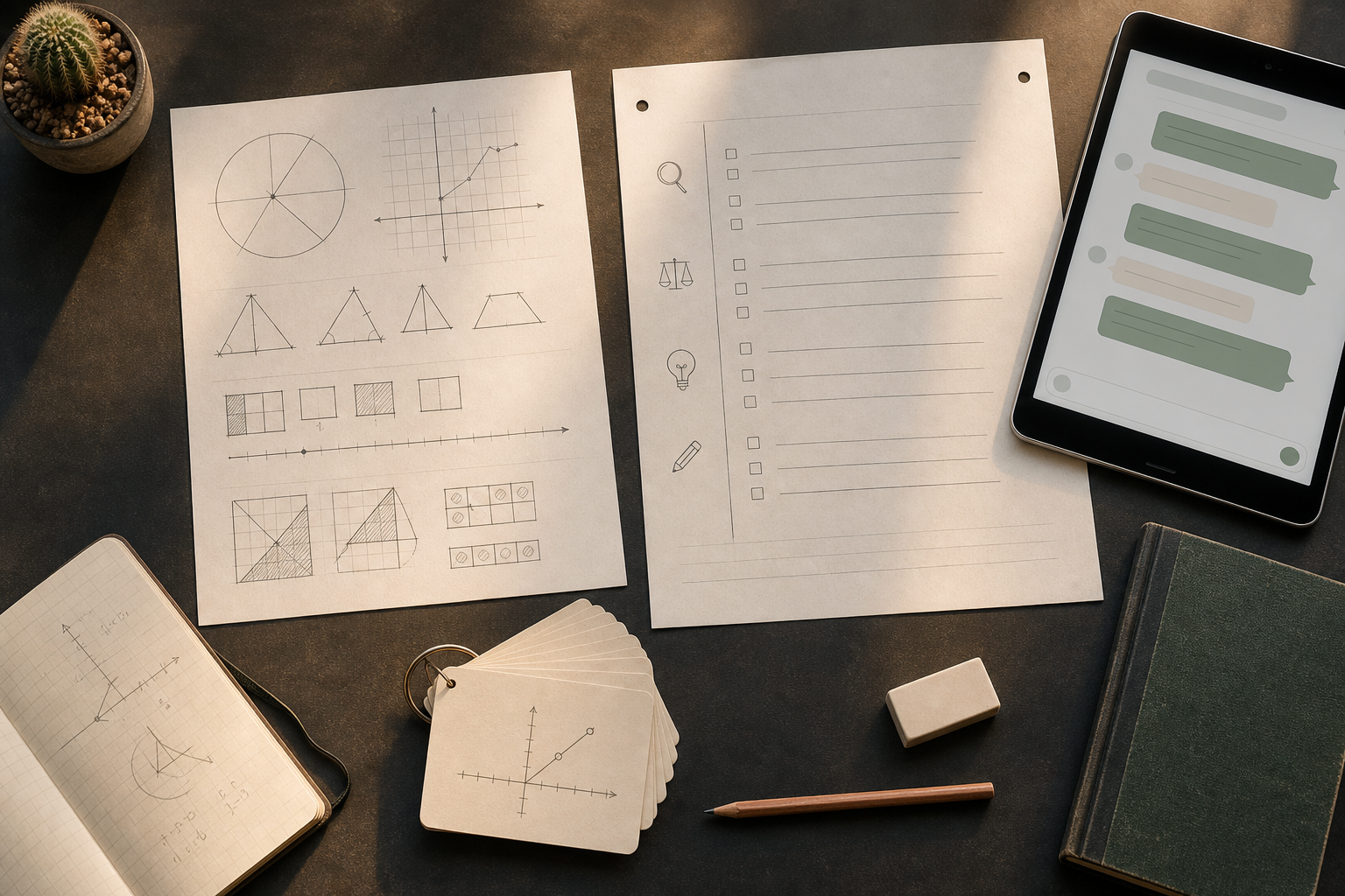 An overhead view of printable worksheets, essay revision notes, flashcards, and a tablet for AI tutoring.